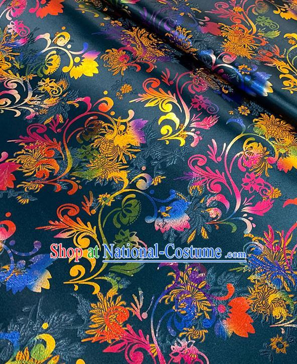 Chinese Traditional Chrysanthemum Pattern Navy Blue Silk Fabric Brocade Drapery Qipao Dress Damask Material