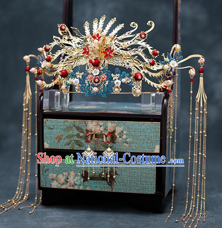 Chinese Classical Wedding Hair Crown Handmade Hair Accessories Ancient Bride Hairpins Golden Phoenix Coronet Complete Set