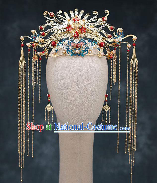 Chinese Classical Wedding Hair Crown Handmade Hair Accessories Ancient Bride Hairpins Golden Phoenix Coronet Complete Set