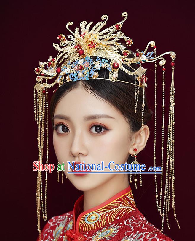 Chinese Classical Wedding Hair Crown Handmade Hair Accessories Ancient Bride Hairpins Golden Phoenix Coronet Complete Set