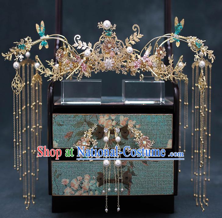 Chinese Handmade Classical Wedding Hair Accessories Ancient Bride Hairpins Green Dragonfly Phoenix Coronet Complete Set