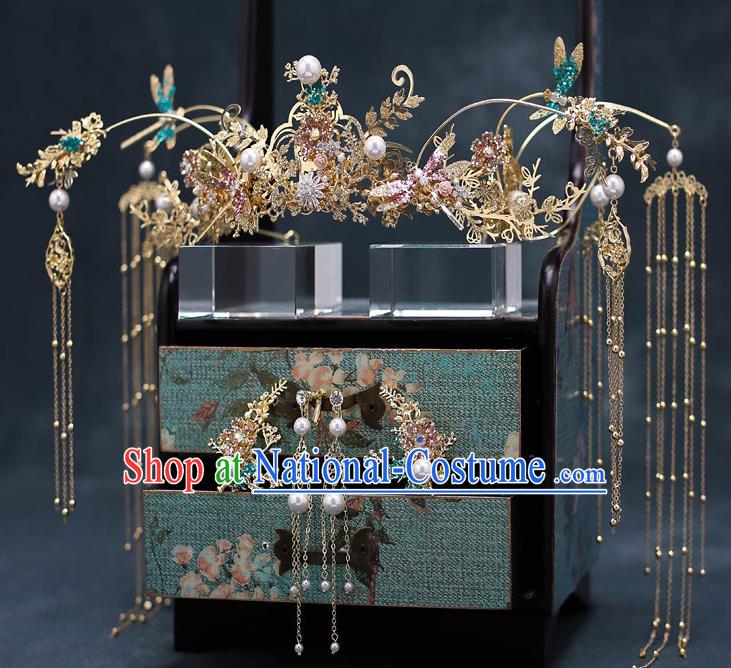 Chinese Handmade Classical Wedding Hair Accessories Ancient Bride Hairpins Green Dragonfly Phoenix Coronet Complete Set