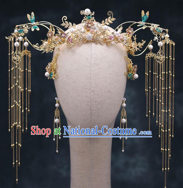 Chinese Handmade Classical Wedding Hair Accessories Ancient Bride Hairpins Green Dragonfly Phoenix Coronet Complete Set