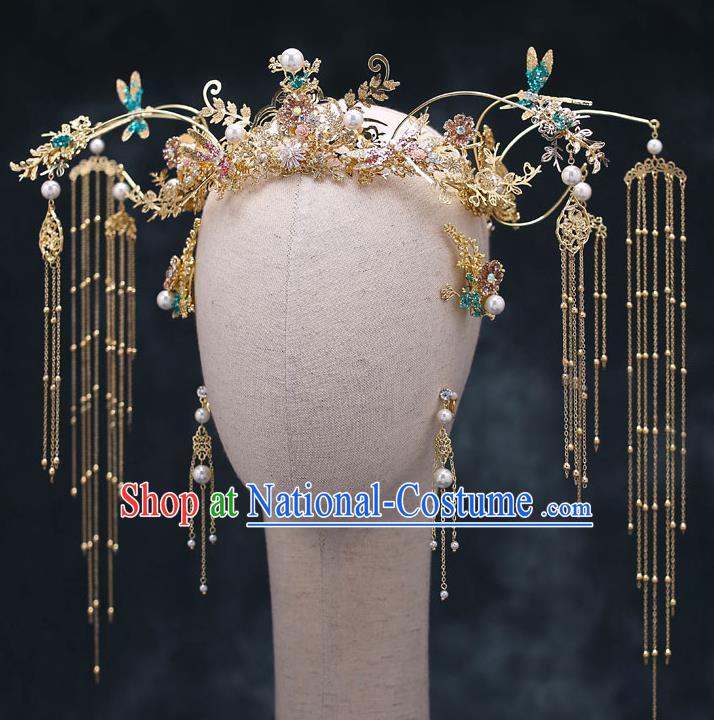 Chinese Handmade Classical Wedding Hair Accessories Ancient Bride Hairpins Green Dragonfly Phoenix Coronet Complete Set