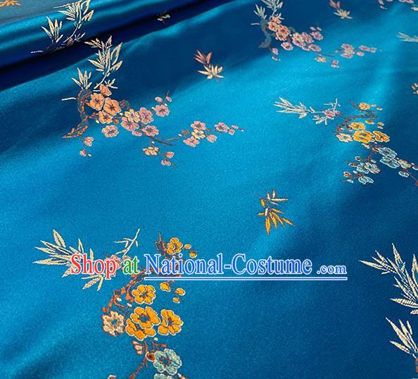 Chinese Traditional Plum Bamboo Pattern Blue Silk Fabric Brocade Drapery Cheongsam Damask Material