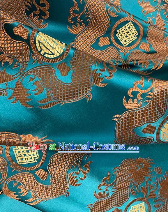 Chinese Traditional Double Dragon Pattern Blue Silk Fabric Tang Suit Damask Material Brocade Drapery