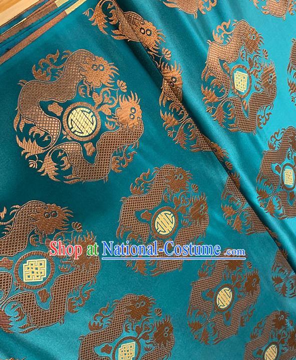 Chinese Traditional Double Dragon Pattern Blue Silk Fabric Tang Suit Damask Material Brocade Drapery