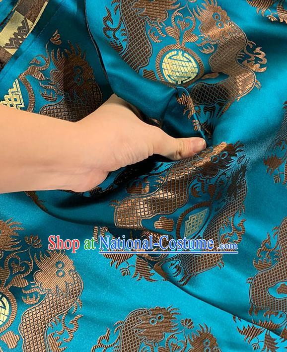 Chinese Traditional Double Dragon Pattern Blue Silk Fabric Tang Suit Damask Material Brocade Drapery