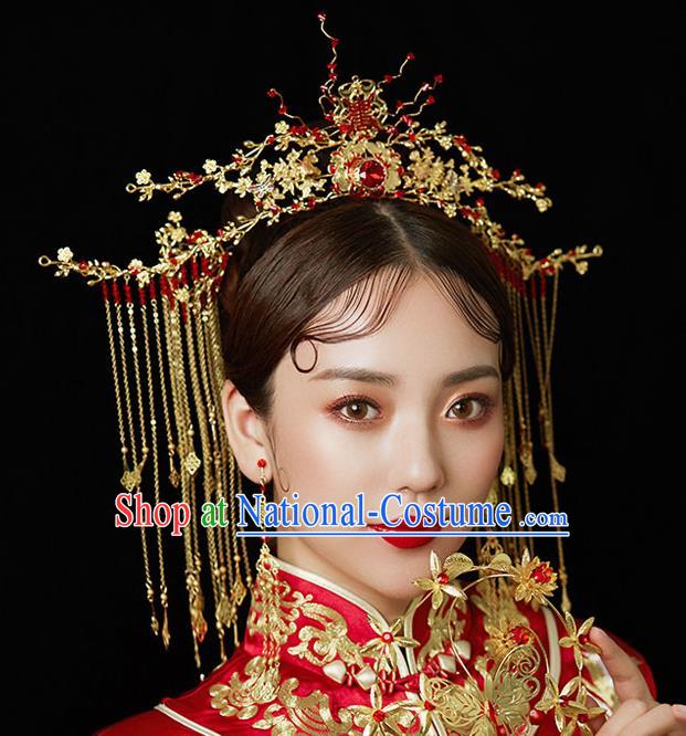 Chinese Handmade Hair Crown Classical Wedding Hair Accessories Ancient Bride Hairpins Red Crystal Phoenix Coronet Complete Set