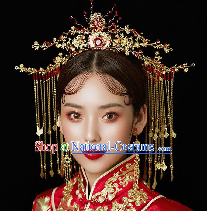 Chinese Handmade Hair Crown Classical Wedding Hair Accessories Ancient Bride Hairpins Red Crystal Phoenix Coronet Complete Set