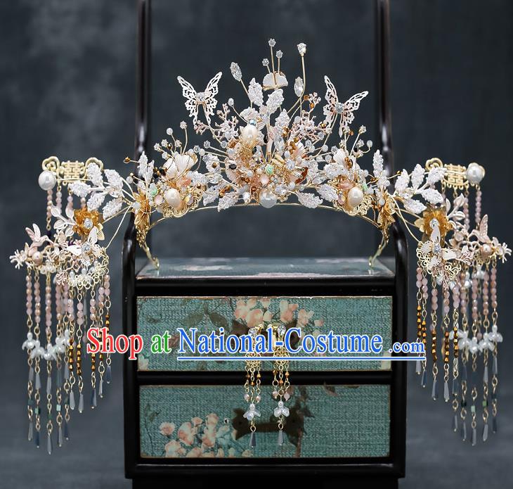 Chinese Handmade Beads Hair Crown Classical Wedding Hair Accessories Ancient Bride Hairpins Tassel Phoenix Coronet Complete Set