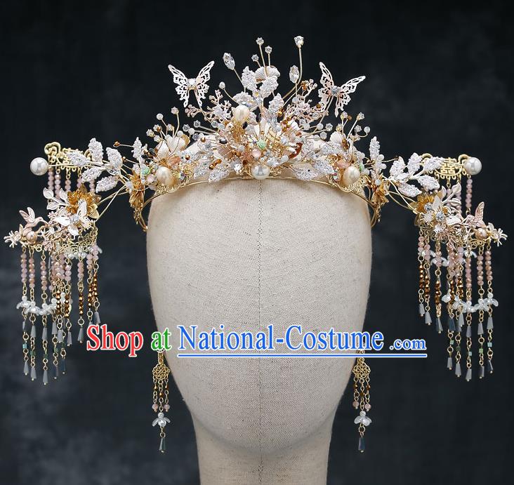 Chinese Handmade Beads Hair Crown Classical Wedding Hair Accessories Ancient Bride Hairpins Tassel Phoenix Coronet Complete Set