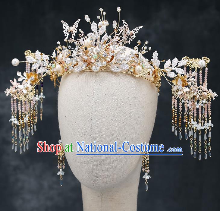 Chinese Handmade Beads Hair Crown Classical Wedding Hair Accessories Ancient Bride Hairpins Tassel Phoenix Coronet Complete Set