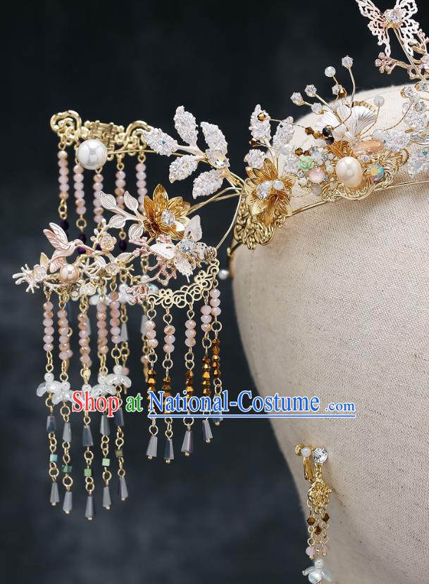 Chinese Handmade Beads Hair Crown Classical Wedding Hair Accessories Ancient Bride Hairpins Tassel Phoenix Coronet Complete Set