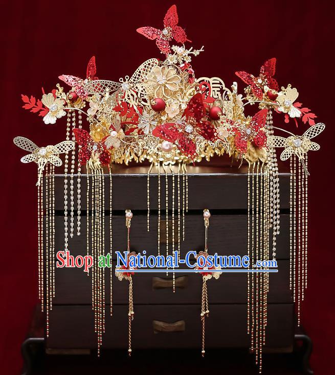 Chinese Handmade Red Butterfly Hair Crown Classical Wedding Hair Accessories Ancient Bride Hairpins Phoenix Coronet Complete Set