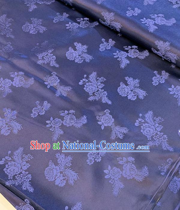 Chinese Traditional Peony Pattern Silk Fabric Tang Suit Damask Material Navy Blue Brocade Drapery