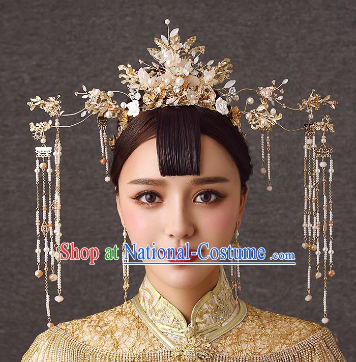 Chinese Handmade Beads Tassel Hair Crown Classical Wedding Hair Accessories Ancient Bride Hairpins Phoenix Coronet Complete Set