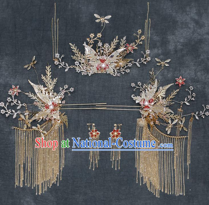 Chinese Handmade Butterfly Hair Comb Classical Wedding Hair Accessories Ancient Bride Tassel Hairpins Complete Set