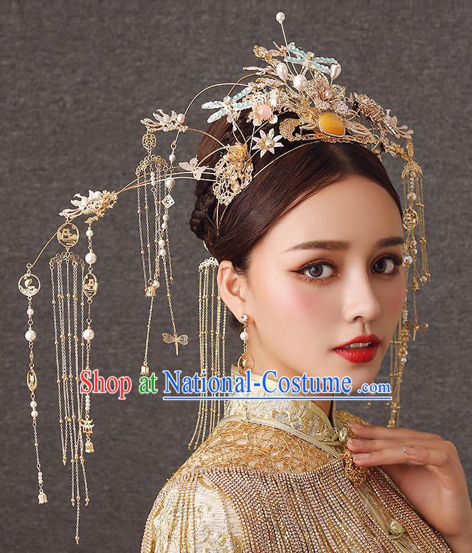 Chinese Handmade Dragonfly Phoenix Coronet Classical Wedding Hair Accessories Ancient Bride Hairpins Hair Crown Complete Set