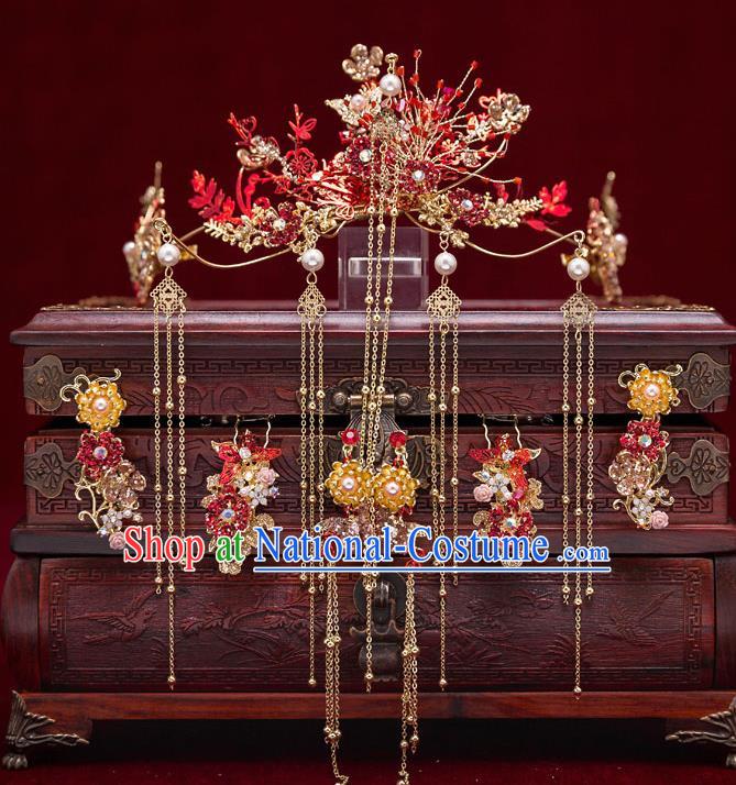 Chinese Handmade Classical Wedding Hair Accessories Ancient Bride Hairpins Golden Tassel Hair Crown Complete Set