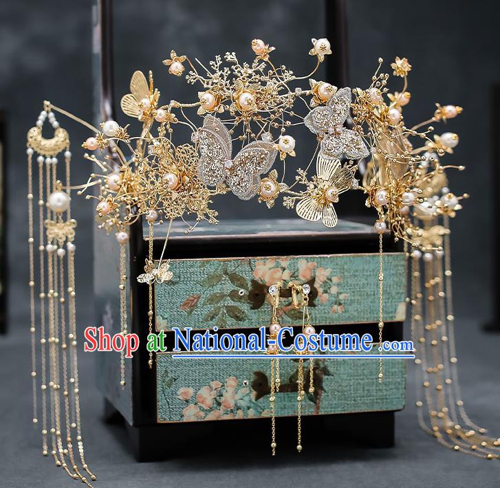 Chinese Handmade Butterfly Phoenix Coronet Classical Wedding Hair Accessories Ancient Bride Hairpins Golden Hair Crown Complete Set