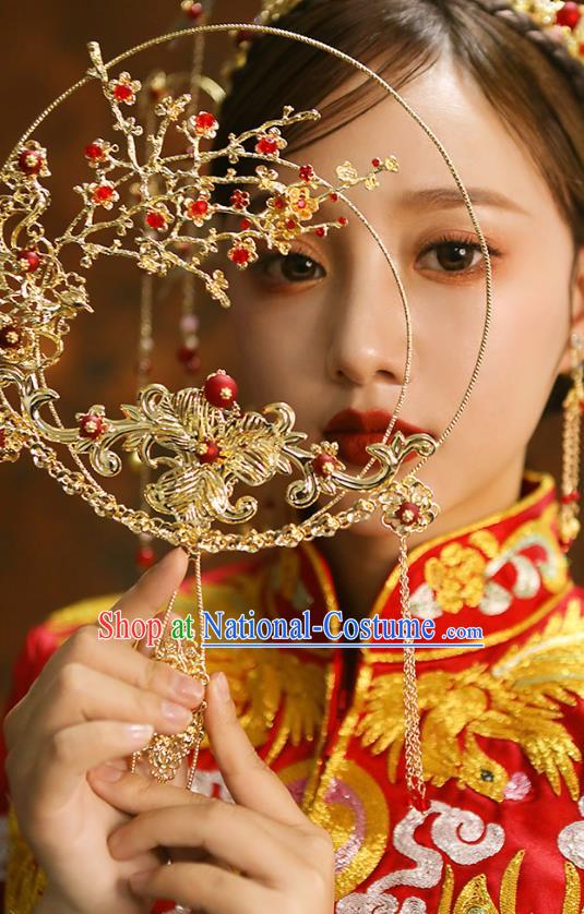 Chinese Handmade Wedding Golden Plum Palace Fans Classical Fans Ancient Bride Round Fans