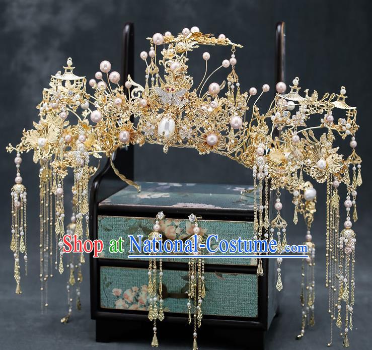 Chinese Handmade Hair Crown Classical Wedding Hair Accessories Ancient Bride Hairpins Pearls Phoenix Coronet Complete Set