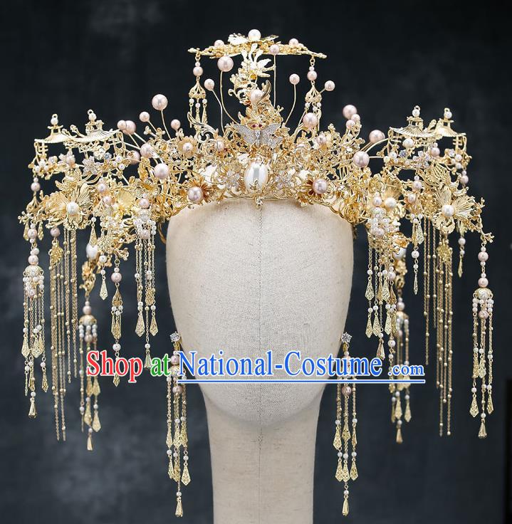 Chinese Handmade Hair Crown Classical Wedding Hair Accessories Ancient Bride Hairpins Pearls Phoenix Coronet Complete Set