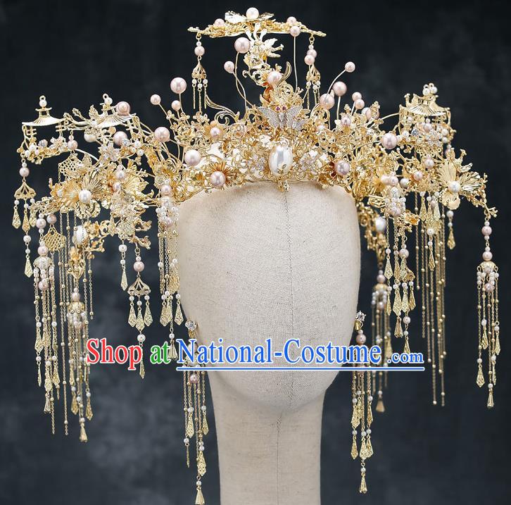 Chinese Handmade Hair Crown Classical Wedding Hair Accessories Ancient Bride Hairpins Pearls Phoenix Coronet Complete Set