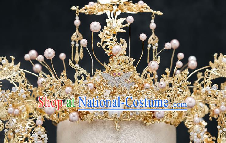 Chinese Handmade Hair Crown Classical Wedding Hair Accessories Ancient Bride Hairpins Pearls Phoenix Coronet Complete Set