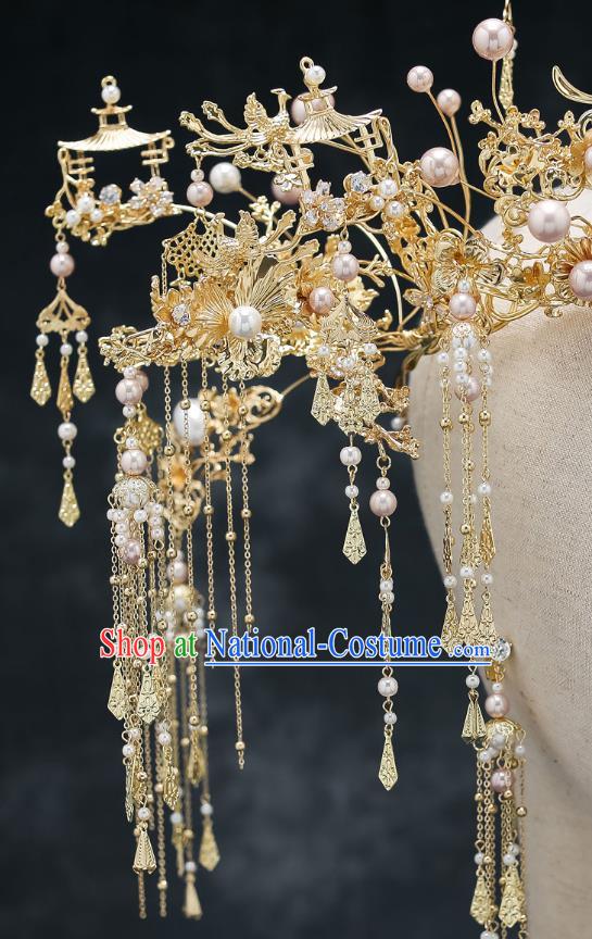 Chinese Handmade Hair Crown Classical Wedding Hair Accessories Ancient Bride Hairpins Pearls Phoenix Coronet Complete Set