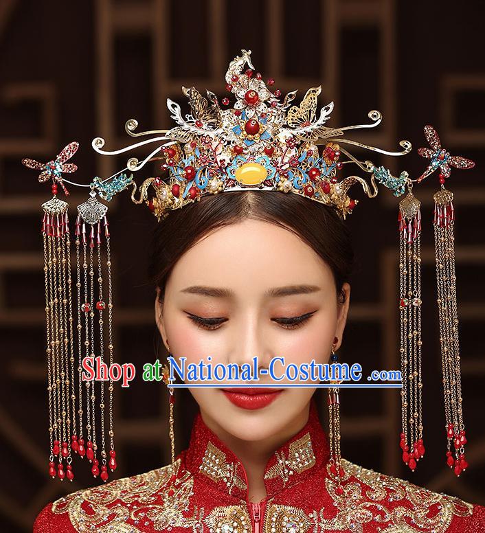 Chinese Handmade Dragonfly Hair Crown Classical Wedding Hair Accessories Ancient Bride Hairpins Blueing Phoenix Coronet Complete Set