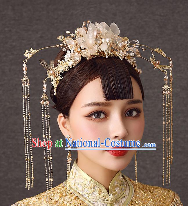 Chinese Handmade Golden Hair Crown Classical Wedding Hair Accessories Ancient Bride Hairpins Silk Flowers Phoenix Coronet Complete Set