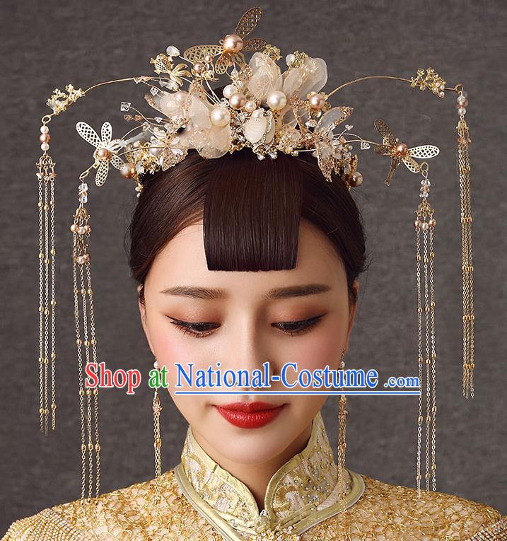 Chinese Handmade Golden Hair Crown Classical Wedding Hair Accessories Ancient Bride Hairpins Silk Flowers Phoenix Coronet Complete Set