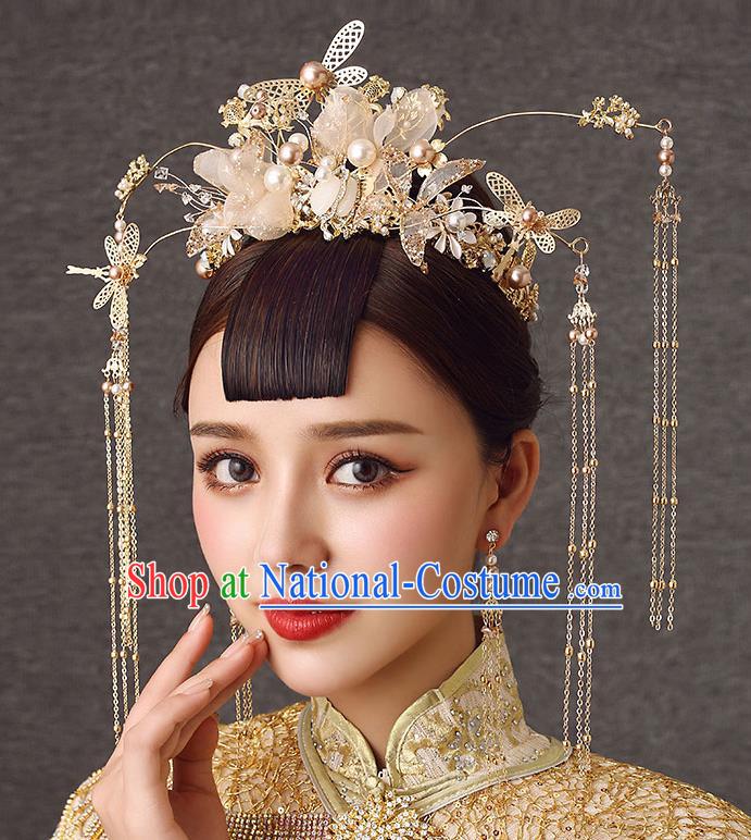 Chinese Handmade Golden Hair Crown Classical Wedding Hair Accessories Ancient Bride Hairpins Silk Flowers Phoenix Coronet Complete Set