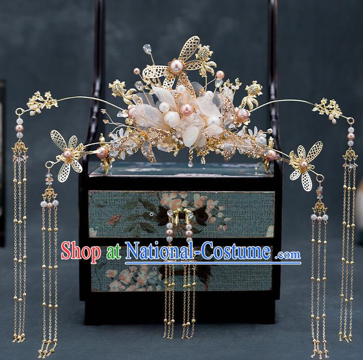 Chinese Handmade Golden Hair Crown Classical Wedding Hair Accessories Ancient Bride Hairpins Silk Flowers Phoenix Coronet Complete Set