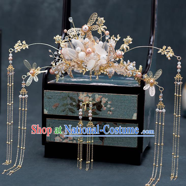 Chinese Handmade Golden Hair Crown Classical Wedding Hair Accessories Ancient Bride Hairpins Silk Flowers Phoenix Coronet Complete Set