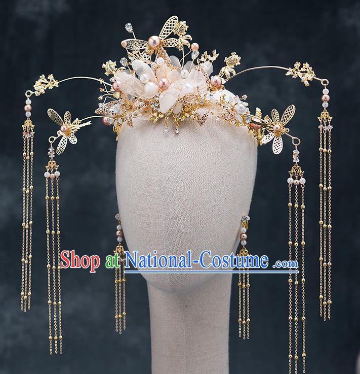 Chinese Handmade Golden Hair Crown Classical Wedding Hair Accessories Ancient Bride Hairpins Silk Flowers Phoenix Coronet Complete Set