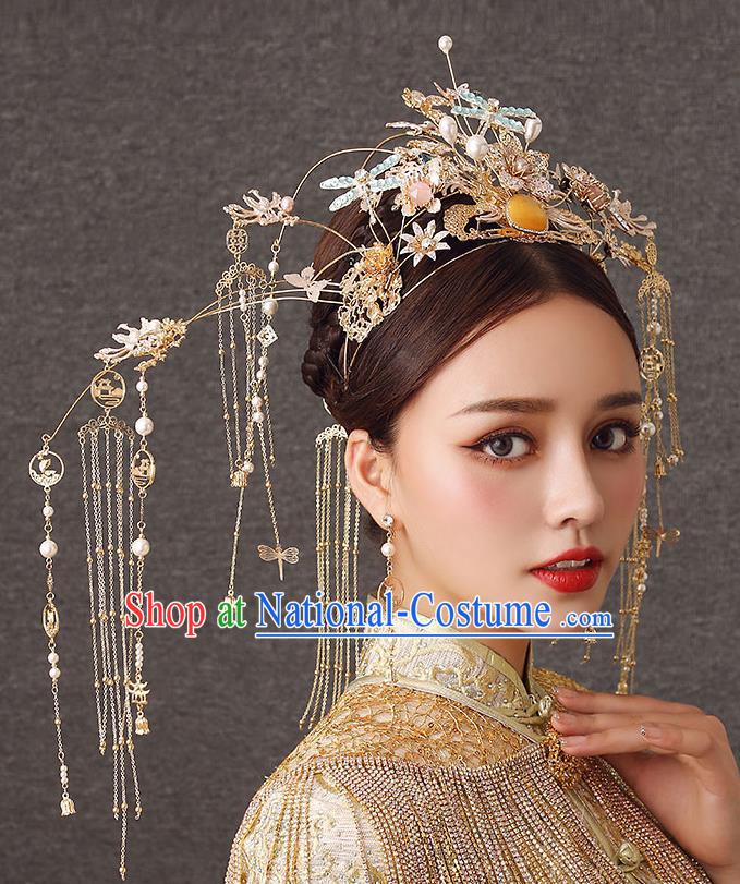 Chinese Handmade Blue Dragonfly Hair Crown Classical Wedding Hair Accessories Ancient Bride Hairpins Golden Phoenix Coronet Complete Set