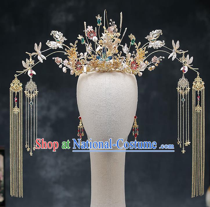 Chinese Handmade Golden Phoenix Coronet Classical Wedding Hair Accessories Ancient Bride Hairpins Tassel Hair Crown Complete Set