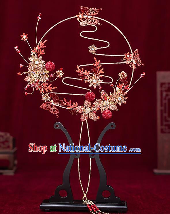 Chinese Handmade Red Palace Fans Classical Fans Ancient Bride Butterfly Round Fans