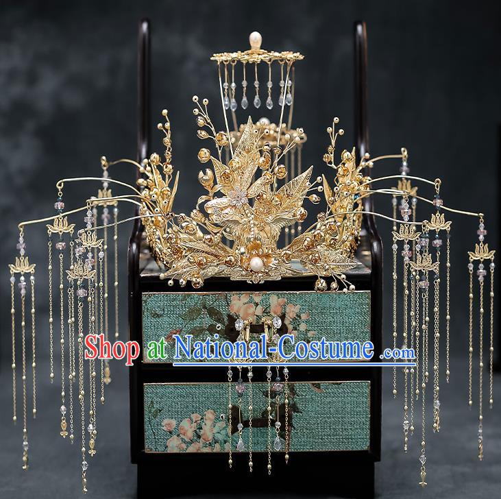 Chinese Handmade Golden Leaf Phoenix Coronet Classical Wedding Hair Accessories Ancient Bride Hairpins Complete Set