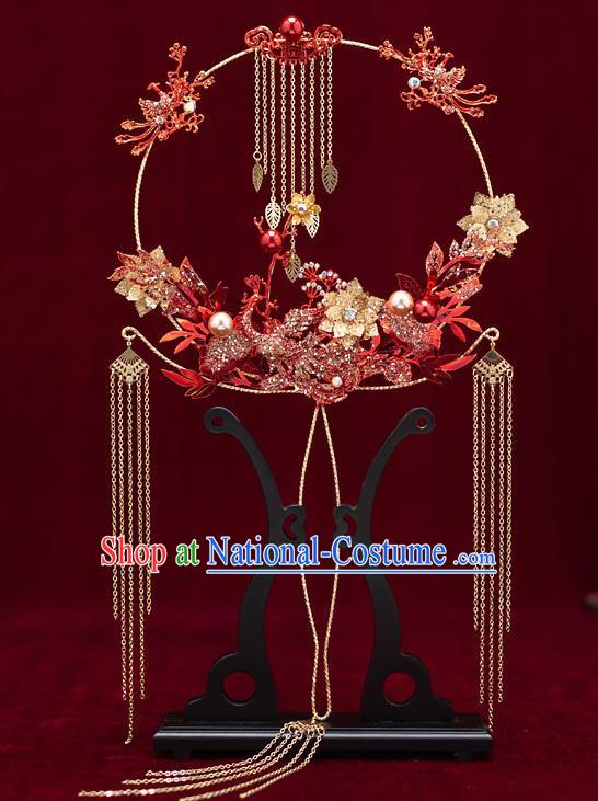 Chinese Handmade Palace Fans Classical Fans Ancient Bride Props Red Crystal Phoenix Tassel Fans