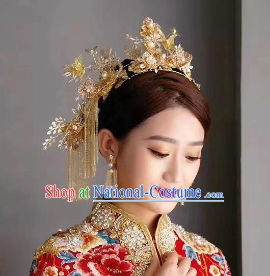 Chinese Handmade Golden Plum Phoenix Coronet Classical Wedding Hair Accessories Ancient Bride Hairpins Hair Crown Complete Set