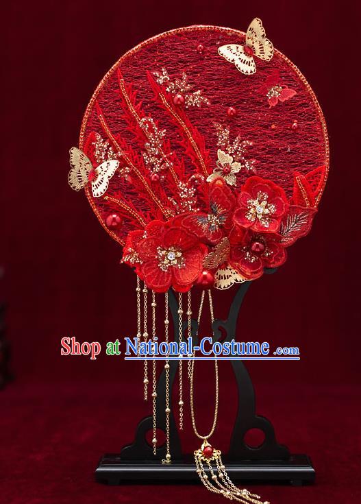 Chinese Handmade Wedding Red Lace Palace Fans Classical Fans Ancient Bride Flowers Butterfly Round Fans