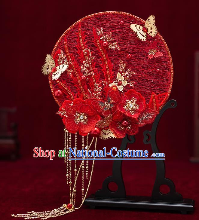 Chinese Handmade Wedding Red Lace Palace Fans Classical Fans Ancient Bride Flowers Butterfly Round Fans