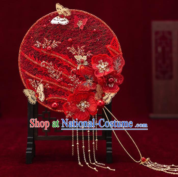 Chinese Handmade Wedding Red Lace Palace Fans Classical Fans Ancient Bride Flowers Butterfly Round Fans