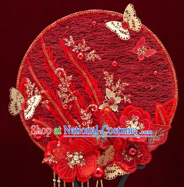 Chinese Handmade Wedding Red Lace Palace Fans Classical Fans Ancient Bride Flowers Butterfly Round Fans