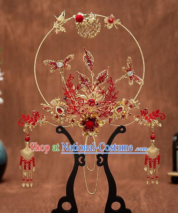 Chinese Handmade Golden Palace Fans Classical Fans Ancient Bride Props Red Dragonfly Fans