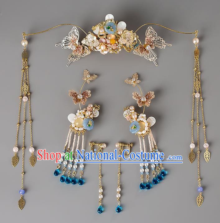 Chinese Handmade Butterfly Hair Crown Classical Wedding Hair Accessories Ancient Bride Hairpins Hair Sticks Complete Set